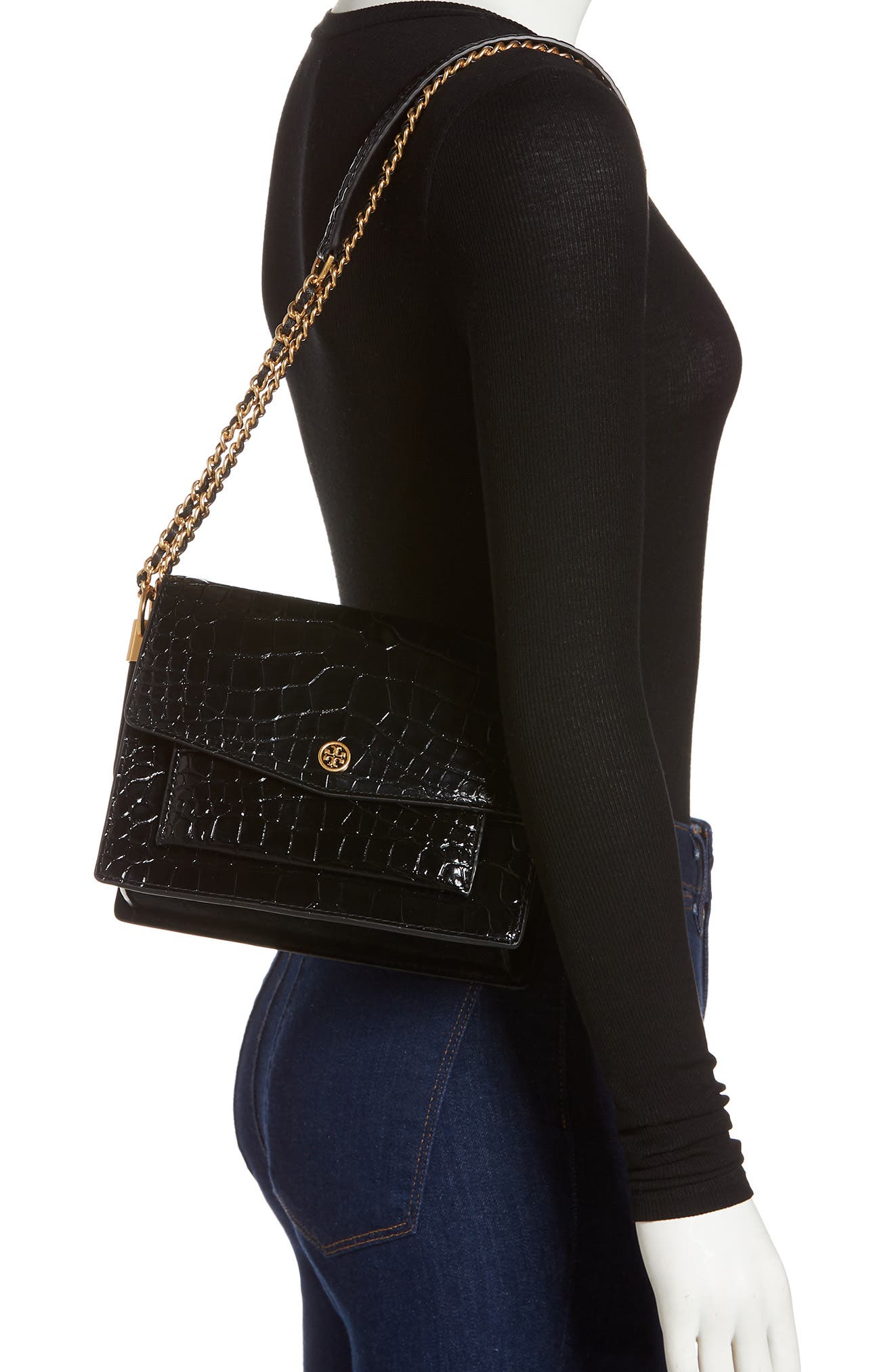 Tory Burch Robinson Embossed Double Strap Leather Flap Bag, Alternate, color, 