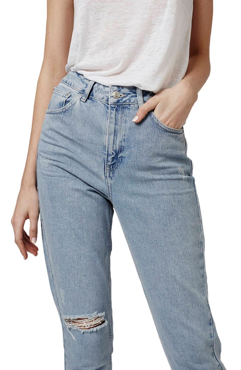 Topshop High Rise Ripped Mom Jeans, Alternate, color, 