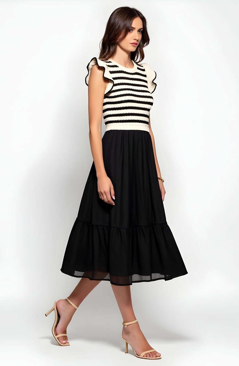 Modenaire Striped Knit Bodice Dress with Ruffle Sleeves and Tiered Skirt, Alternate, color, 