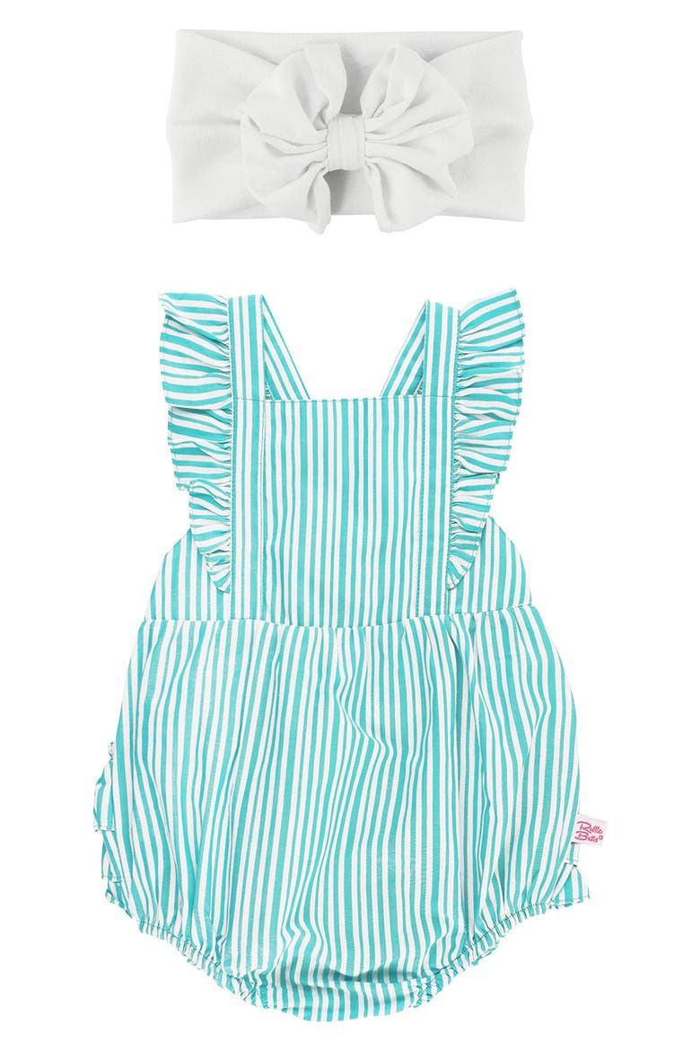 Baltic Stripe Ruffle Bubble Romper & Bow Head Wrap, Main, color, BLUE