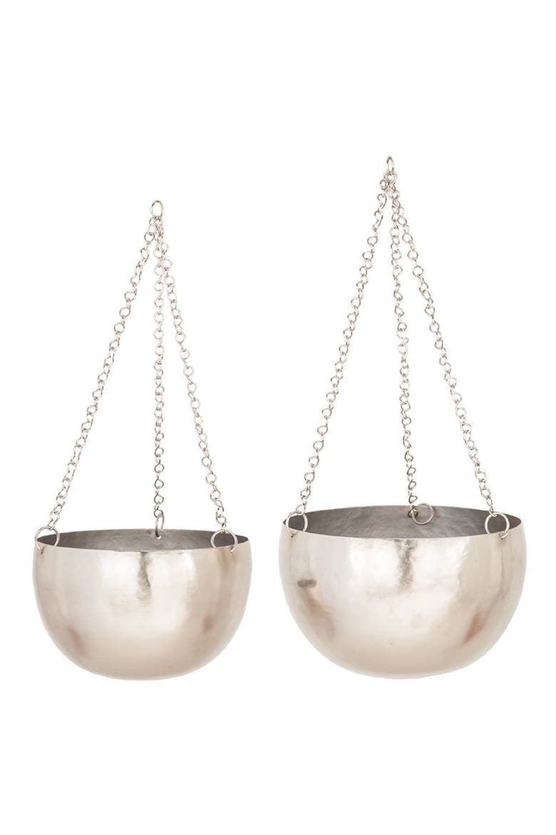 Silvertone Metal Indoor & Outdoor Hanging Dome Wall Planter with Chain - Set of 2, Main, color, SILVER