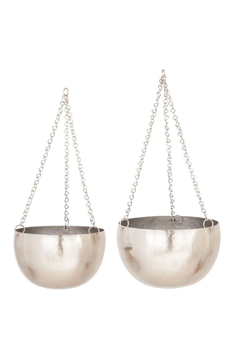 VIVIAN LUNE HOME Silvertone Metal Indoor & Outdoor Hanging Dome Wall Planter with Chain - Set of 2, Main, color, 