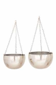 Silvertone Metal Indoor & Outdoor Hanging Dome Wall Planter with Chain - Set of 2