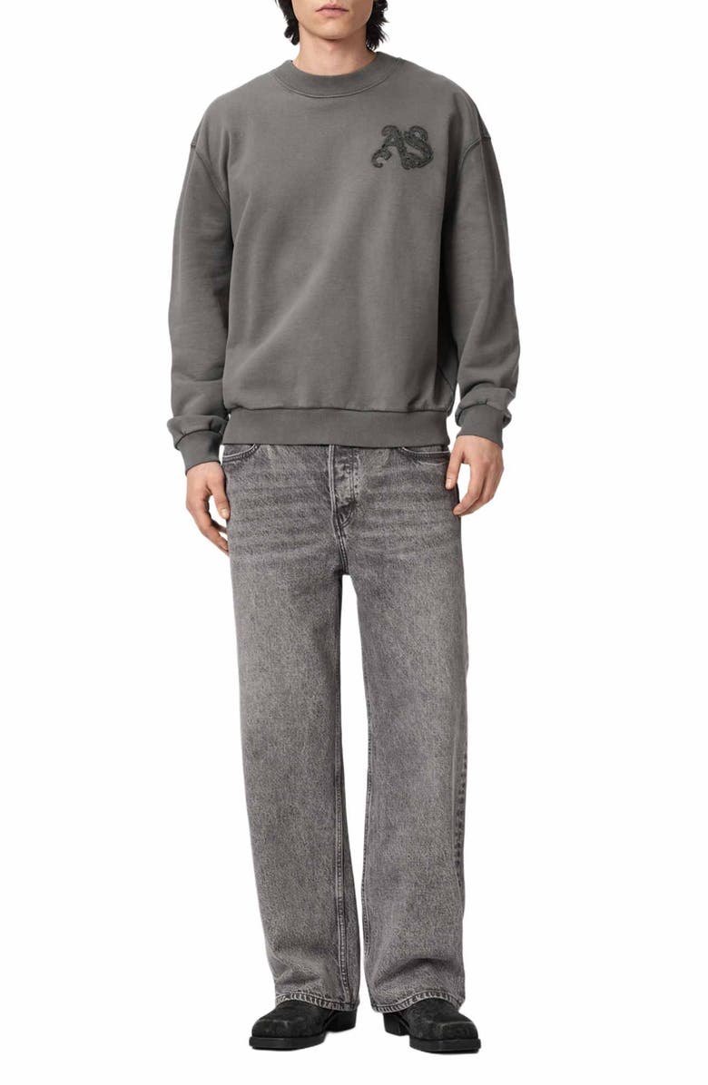 AllSaints Insignia Graphic Appliqué Cotton Sweatshirt, Alternate, color, Washed Black