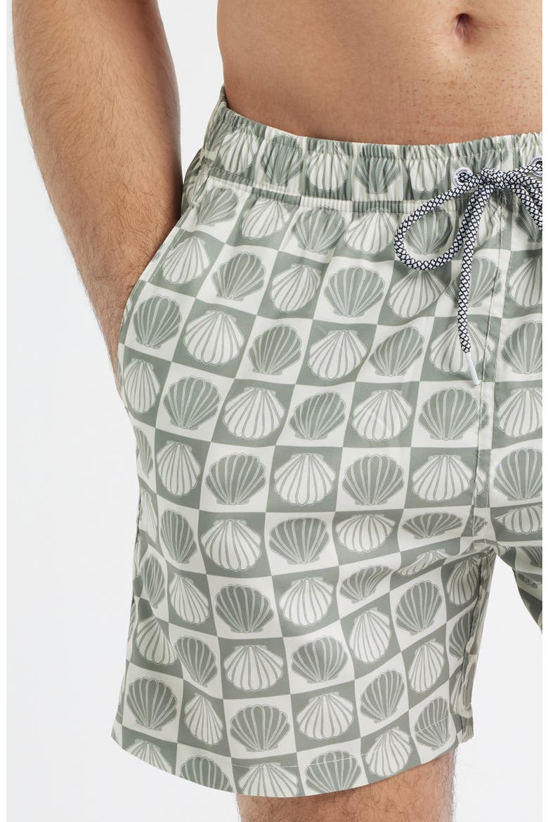 Seashell Print Swim Trunks, Alternate, color, OLIVE/ CREAM