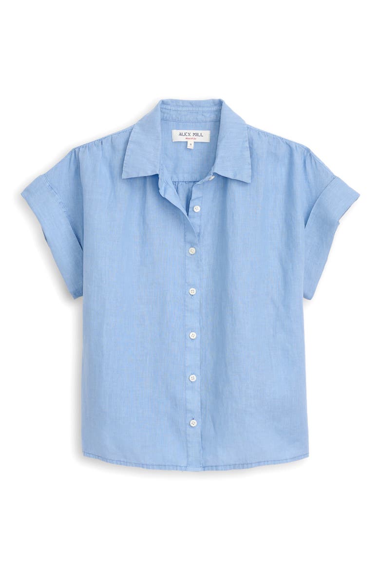 Maddie Linen Short Sleeve Button-Up Shirt, Alternate, color, BEL AIR BLUE