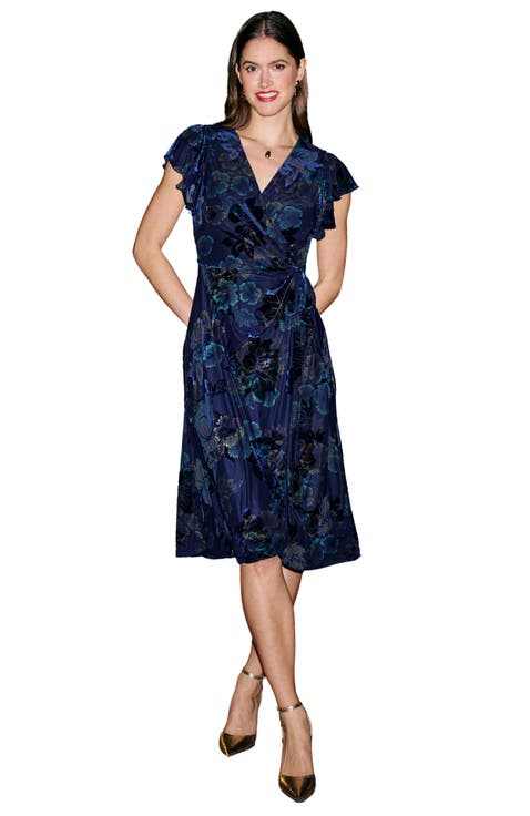 Velvet Floral Wrap Midi Dress