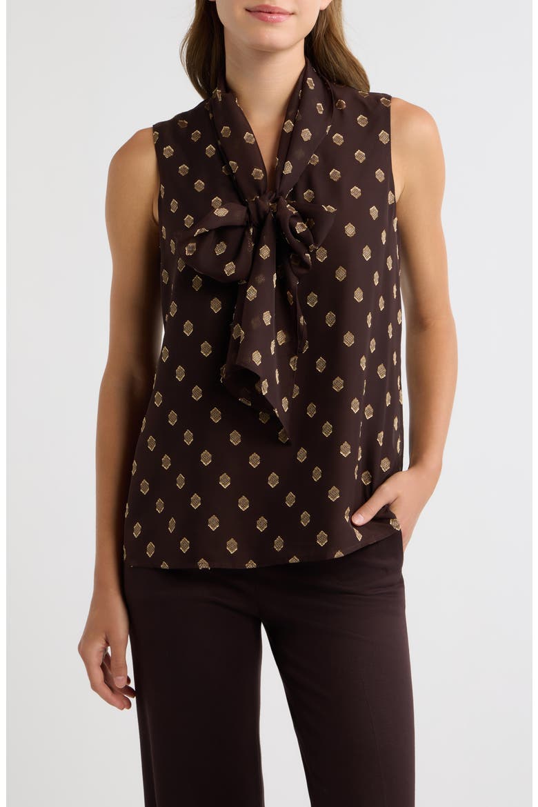 Medallion Print Sleeveless Crepe Bow Top, Main, color, DEEP MAHOGANY / GOLD