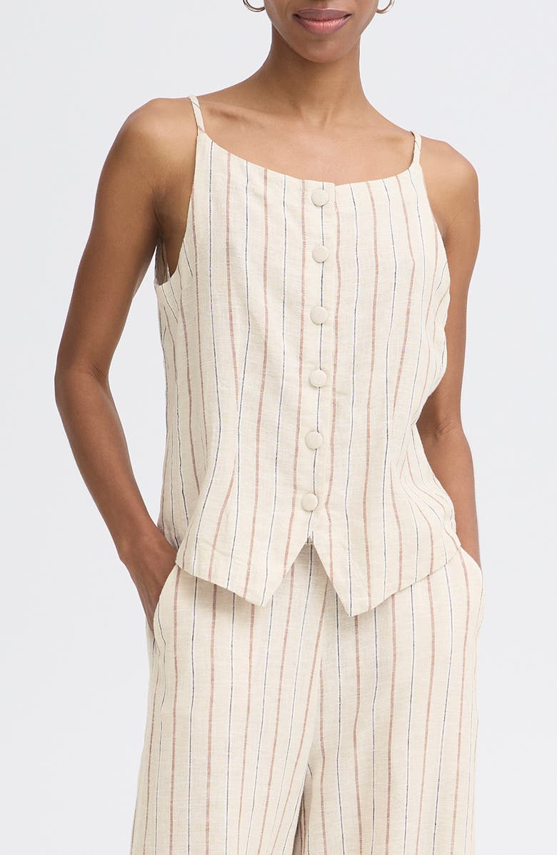 ICHI Sleeveless Linen Blend Top, Main, color, Brown Stripe
