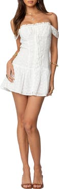 EDIKTED Jill Eyelet Ruffle Off the Shoulder Minidress