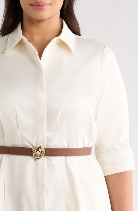 Belted Elbow Sleeve Stretch Cotton Sateen Shirtdress (Plus)