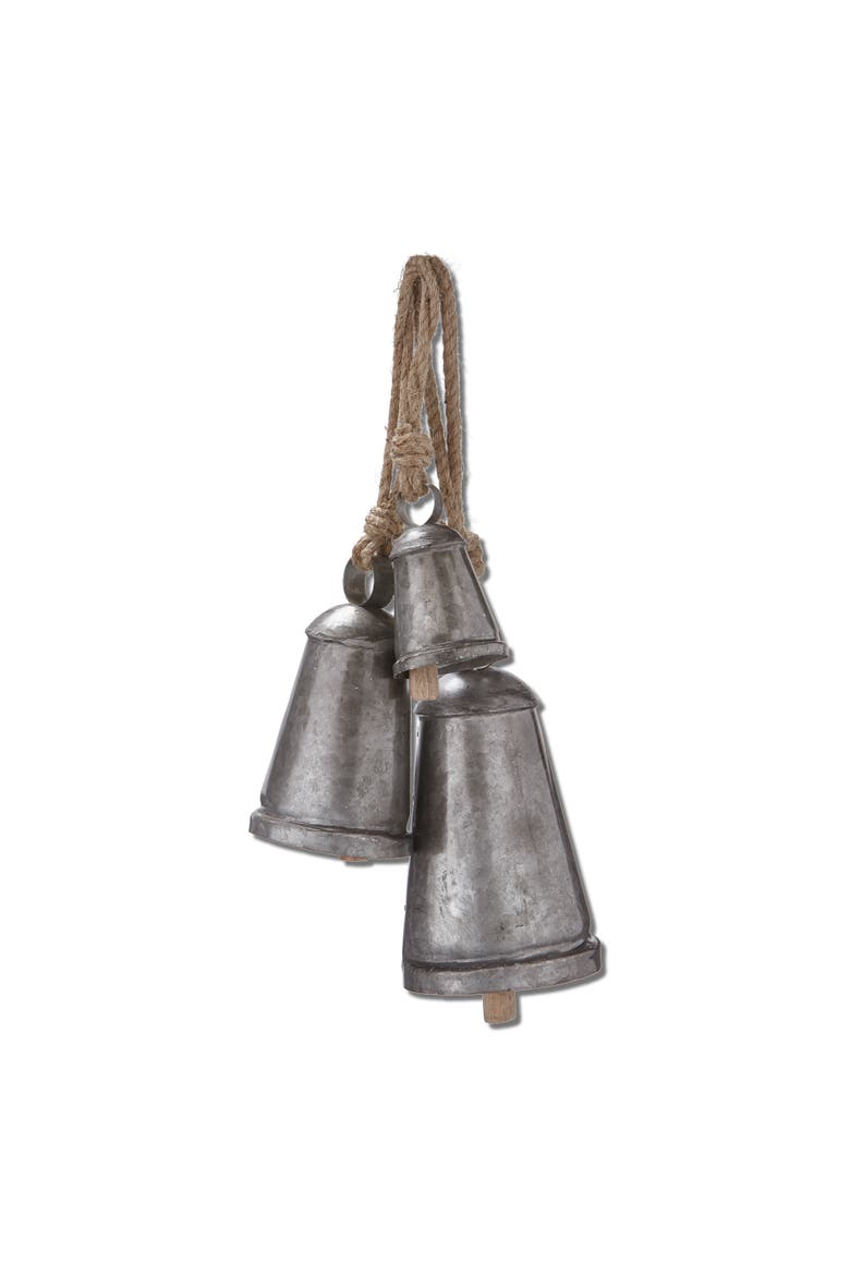Vintage Jute Decorative Bells Set of Three Antique Silver, Main, color, Silver