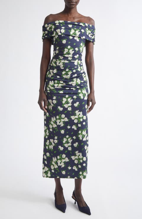 Floral Print Ruched Off the Shoulder Jersey Dress