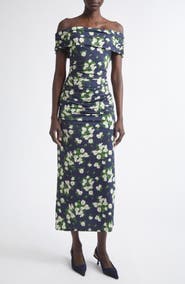 Carolina Herrera Floral Print Ruched Off the Shoulder Jersey Dress