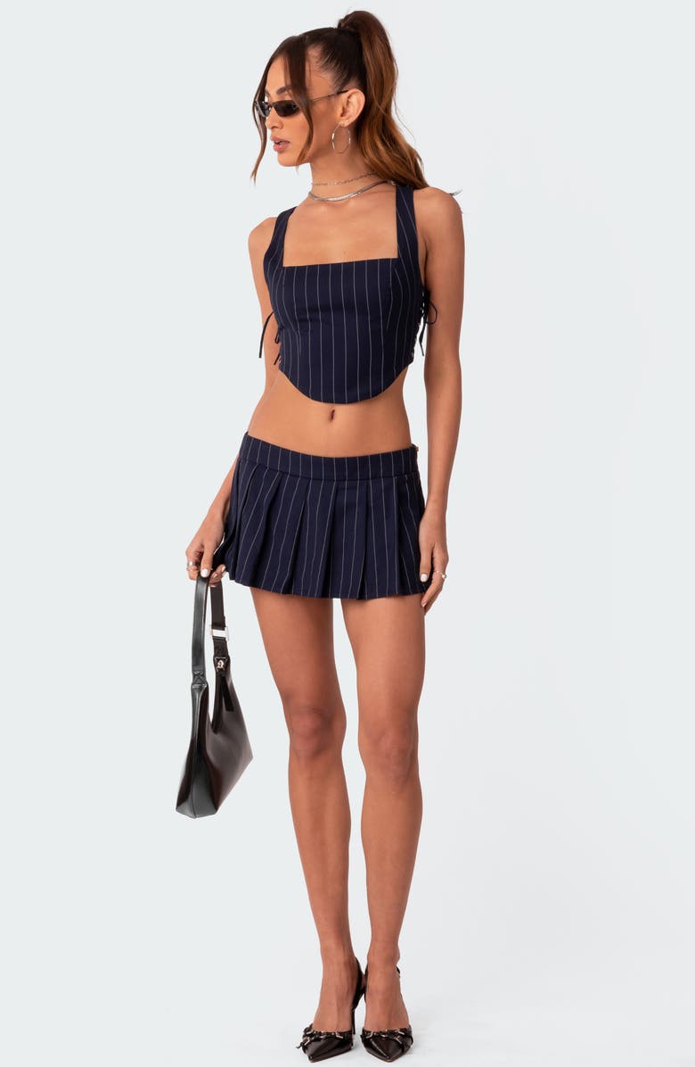 EDIKTED Pinstripe Pleated Low Rise Miniskirt, Alternate, color, Navy