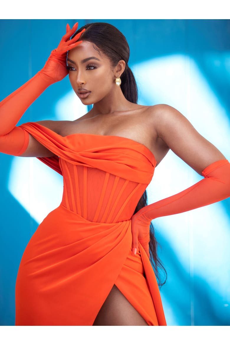 Rebecca High Slit Corset Evening Gown, Alternate, color, Orange