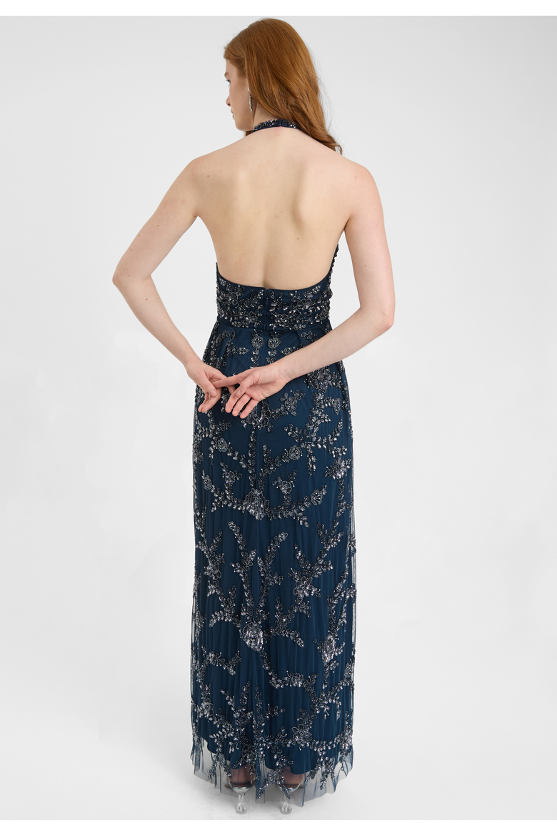 Embellished Sequin Beaded Maxi Dress With Halter Neck With Deep V-Cut, Alternate, color, NAVY