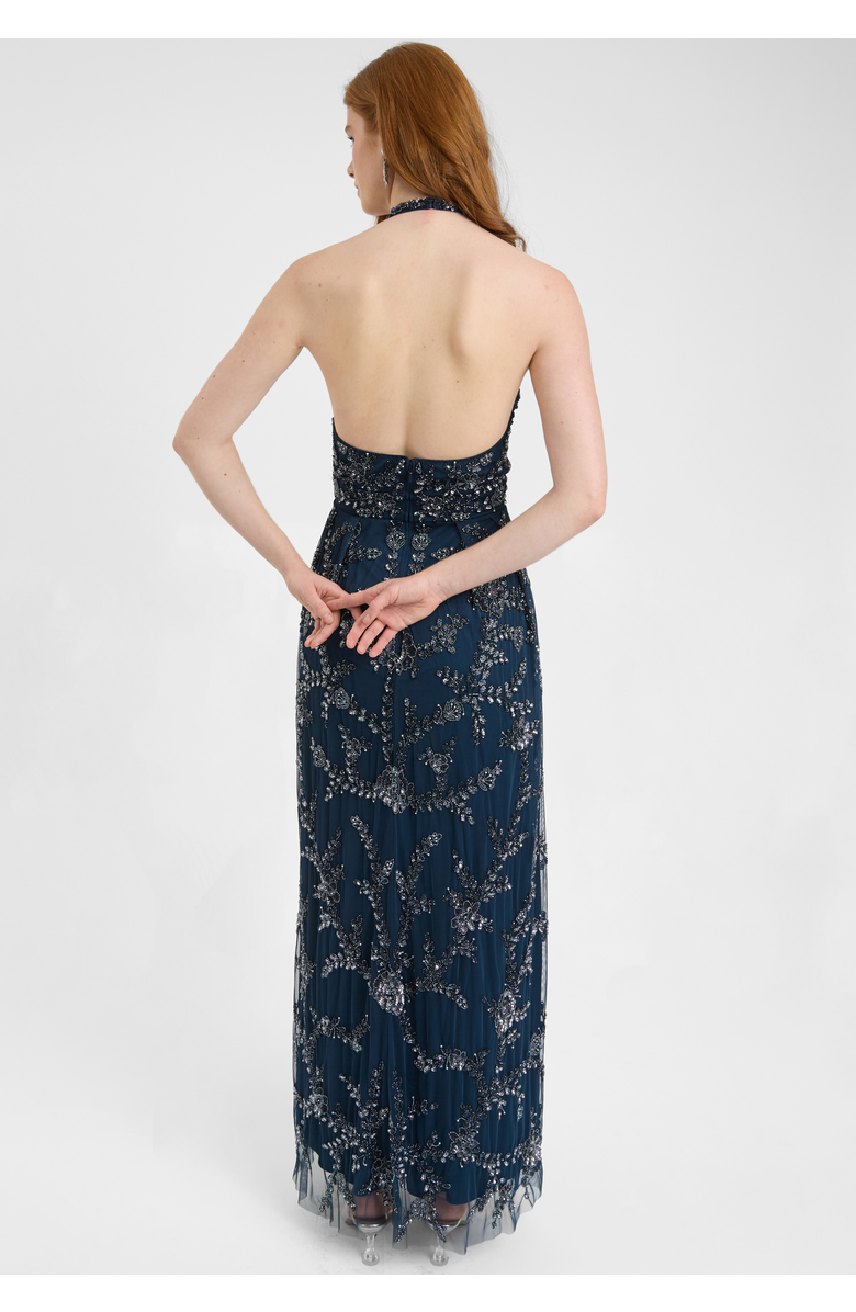 BEAUUT Embellished Sequin Beaded Maxi Dress With Halter Neck With Deep V-Cut, Alternate, color, Navy