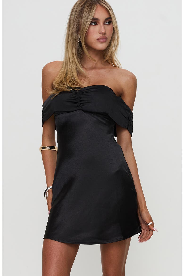 Sadee Off the Shoulder Satin Minidress, Alternate, color, BLACK