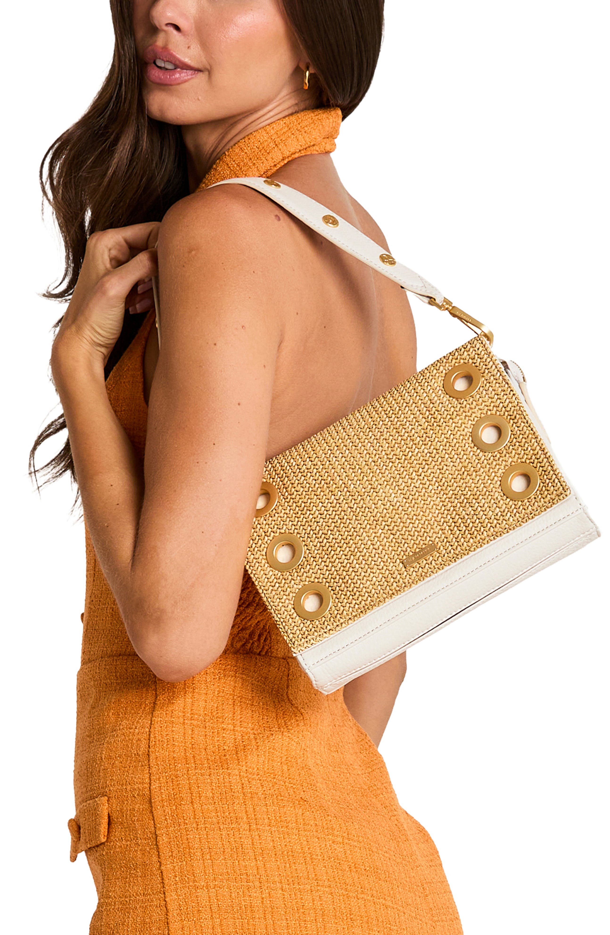 HAMMITT Small Montana Clutch, Alternate, color, Calla Lily White Raffia/ Gold