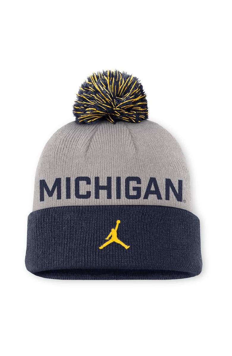 Jordan Brand Men's Jordan Brand Gray/Navy Michigan Wolverines Primetime Peak Cuffed Knit Hat with Pom, Alternate, color, 