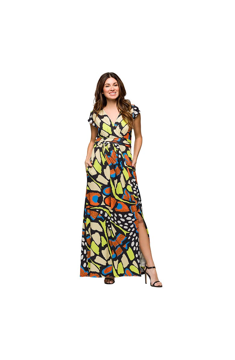 24seven Comfort Apparel Maternity Butterfly Print Cap Sleeve V-Neck Side Slit Pocket Maxi Dress, Main, color, Orange Multi