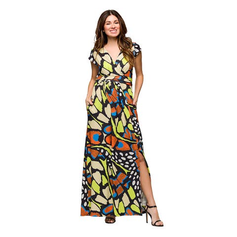 Maternity Butterfly Print Cap Sleeve V-Neck Side Slit Pocket Maxi Dress
