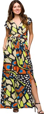 24seven Comfort Apparel Maternity Butterfly Print Cap Sleeve V-Neck Side Slit Pocket Maxi Dress