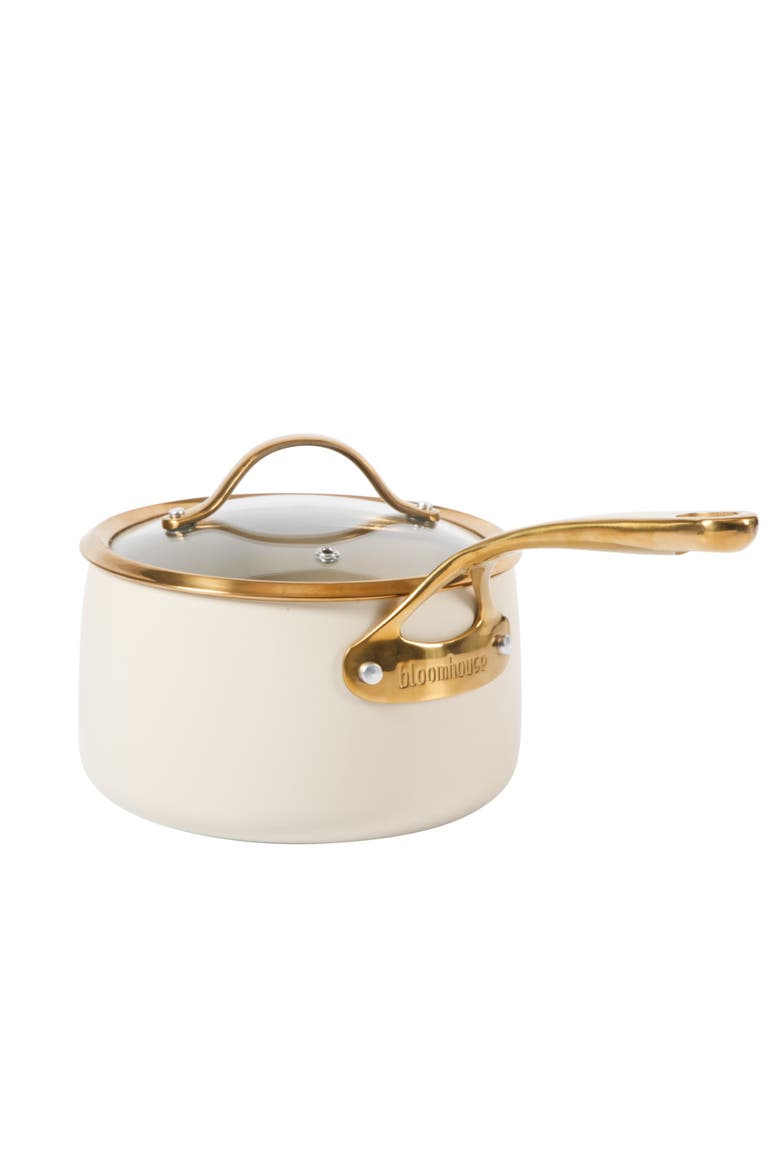 3 Quart Heavy Duty Aluminum Premium PFA Free Ceramic Nonstick Saucepan with Lid, Alternate, color, Linen White with Gold Handle