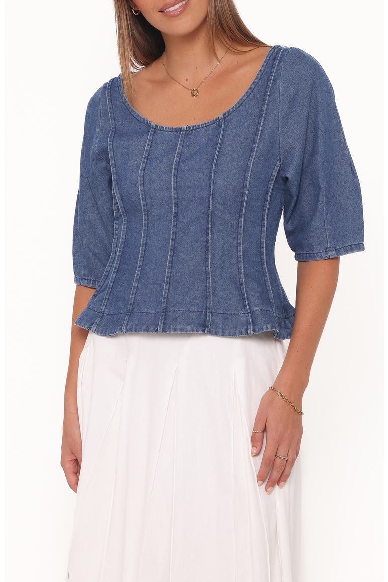 Saylor Puff Sleeve Seamed Peplum Denim Top, Main, color, BLUE MEDIUM WASH