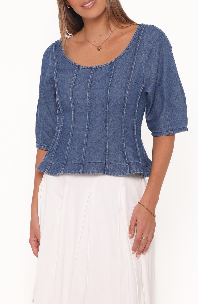 Petal & Pup Saylor Puff Sleeve Seamed Peplum Denim Top, Main, color, Blue Medium Wash