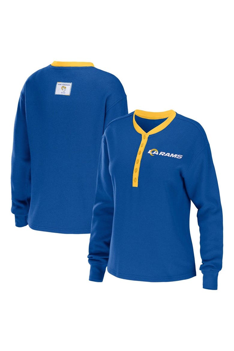 Women's WEAR by Erin Andrews Royal Los Angeles Rams Waffle Henley Long Sleeve T-Shirt, Main, color, Royal