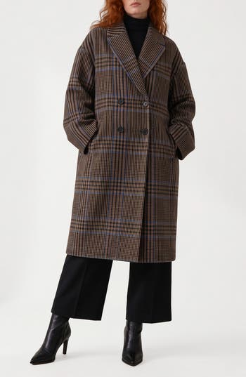 Noize Anita Double Breasted Plaid Coat In Brown
