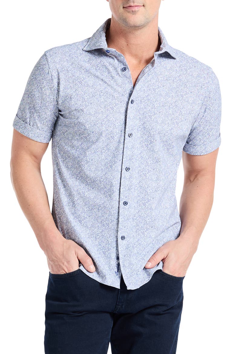 Scrawl Knit Short Sleeve Button-Up Shirt, Main, color, NAVY