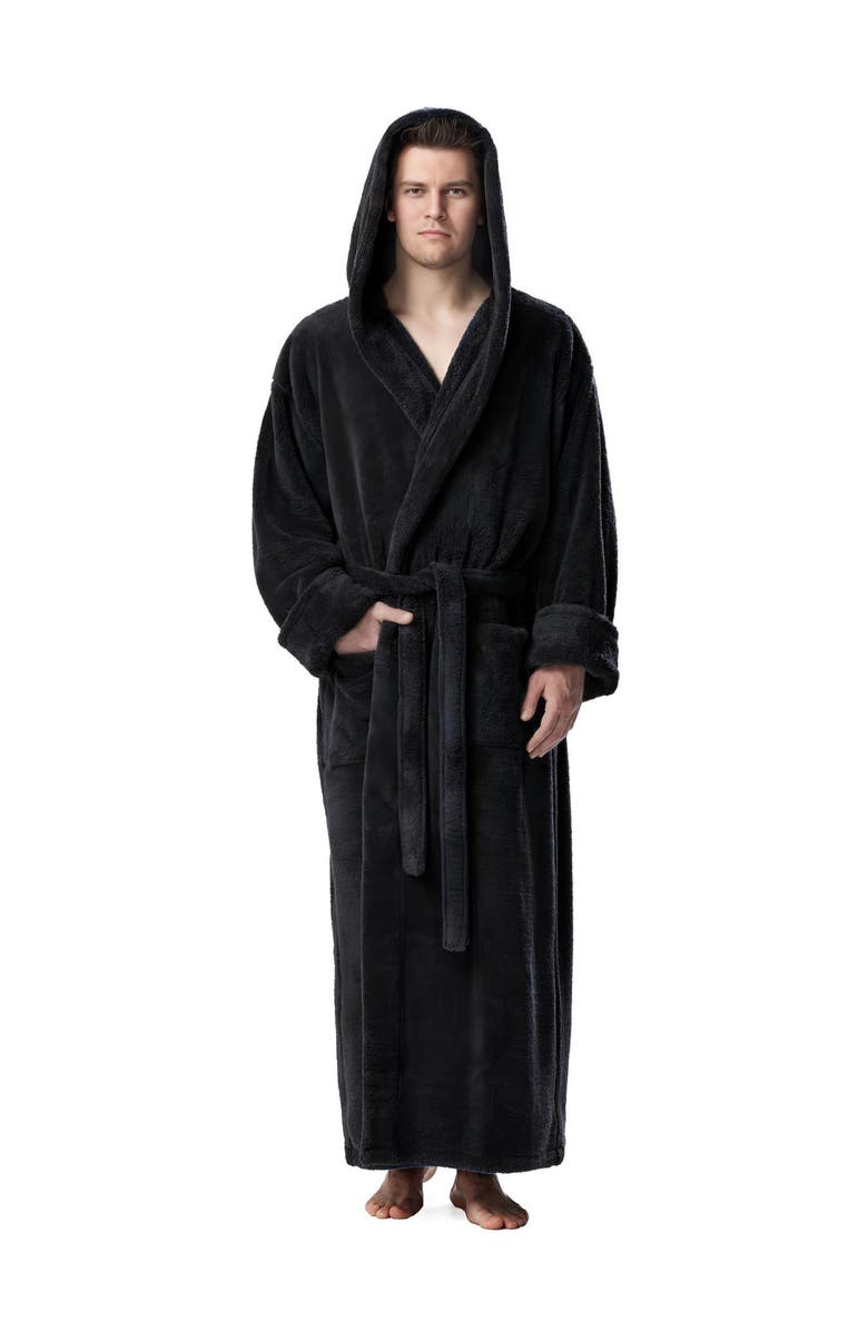 ARUS Men's Hooded Long Fleece Robe, Main, color, Black