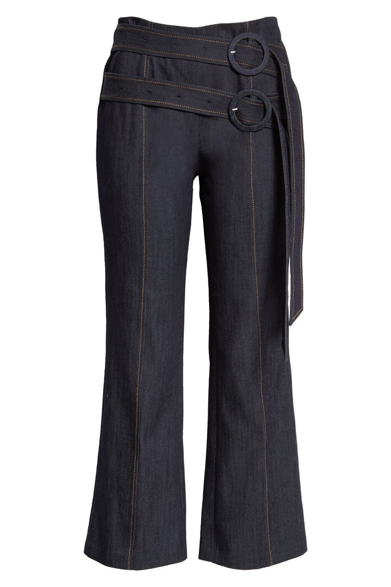 Jessi Double Belt Crop Kick Flare Denim Pants, Alternate, color, INDIGO