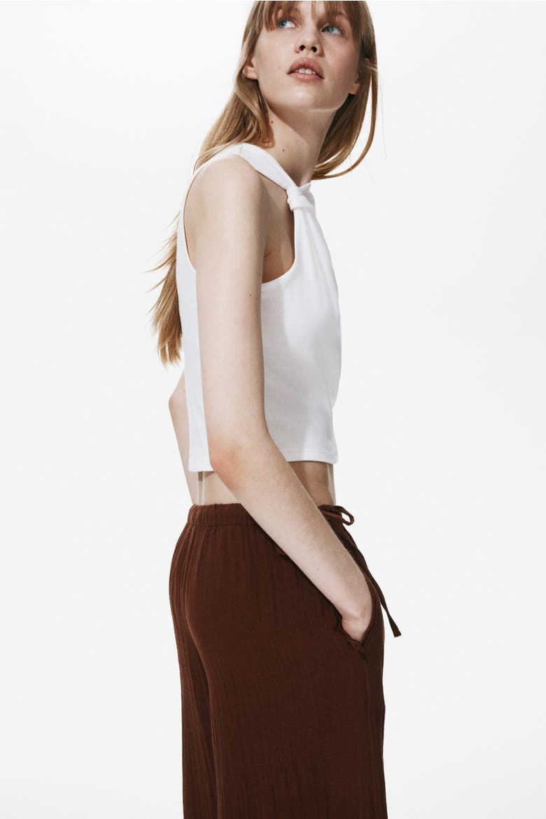 Drawstring-detail Muslin Pants, Alternate, color, Brown
