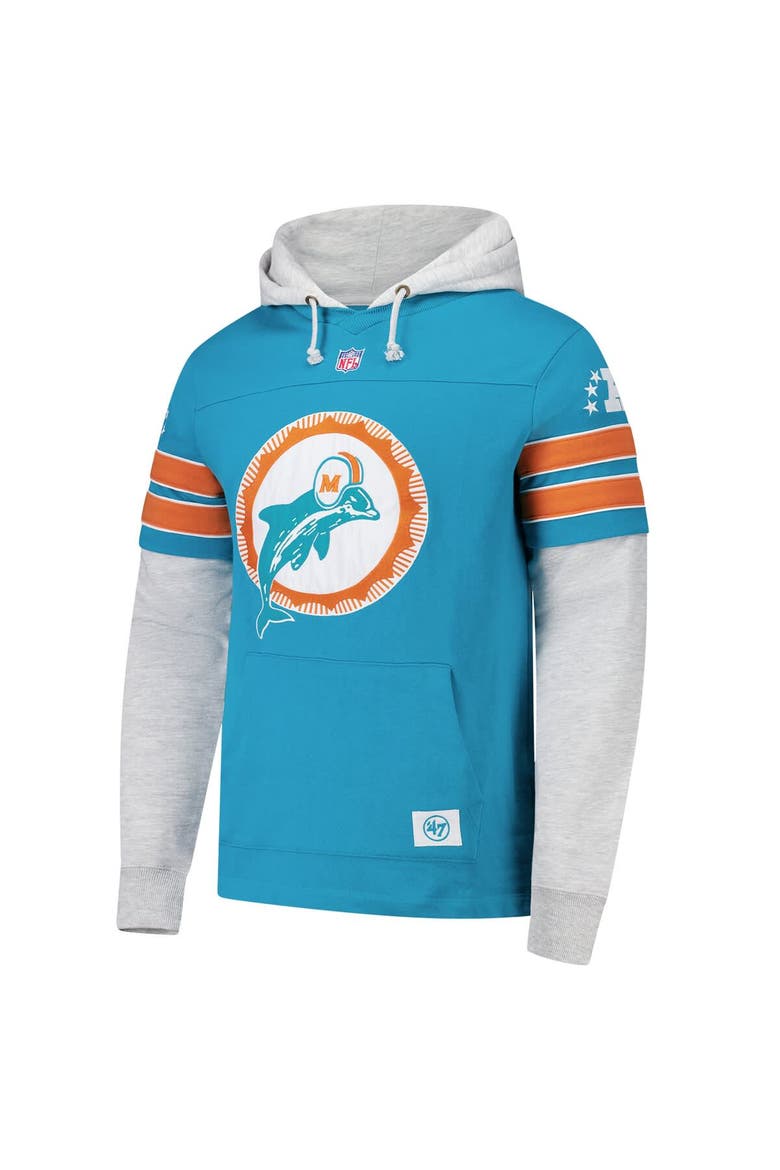 Men's '47 Aqua Miami Dolphins  Throwback Double Header Blitz Cornerback Pullover Hoodie, Alternate, color, Aqua