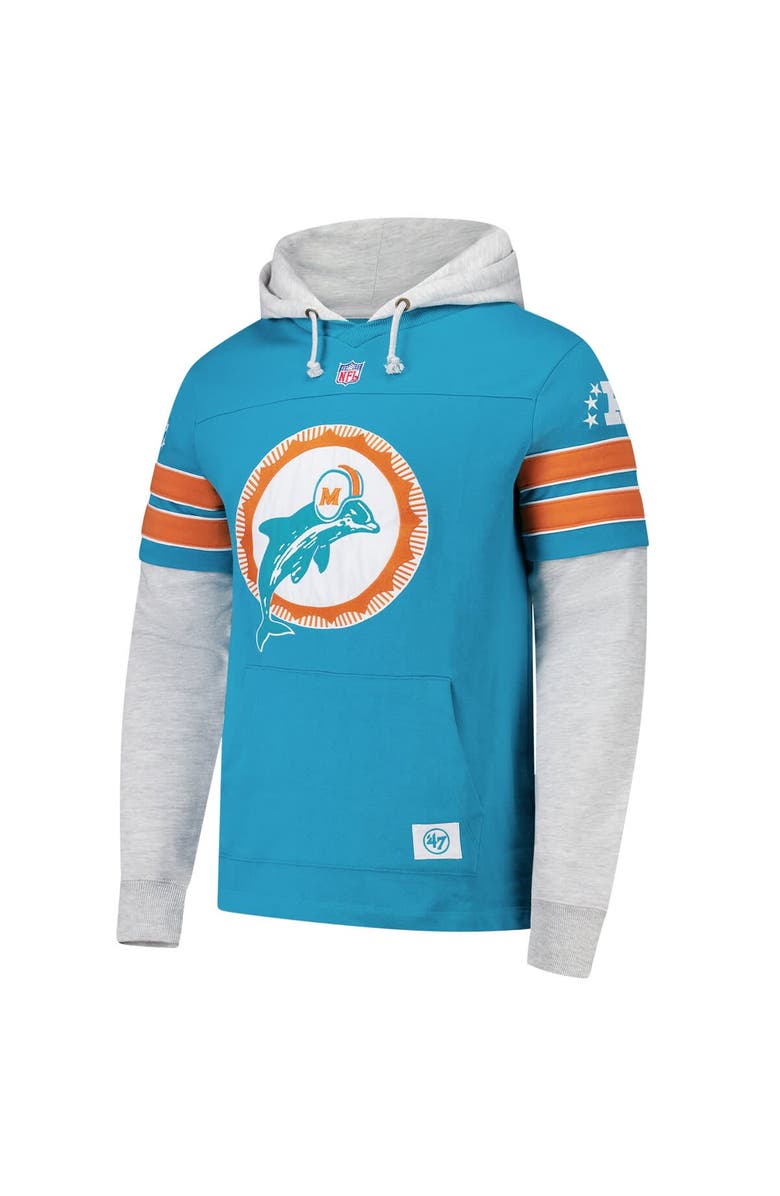 '47 Men's '47 Aqua Miami Dolphins  Throwback Double Header Blitz Cornerback Pullover Hoodie, Alternate, color, Aqua