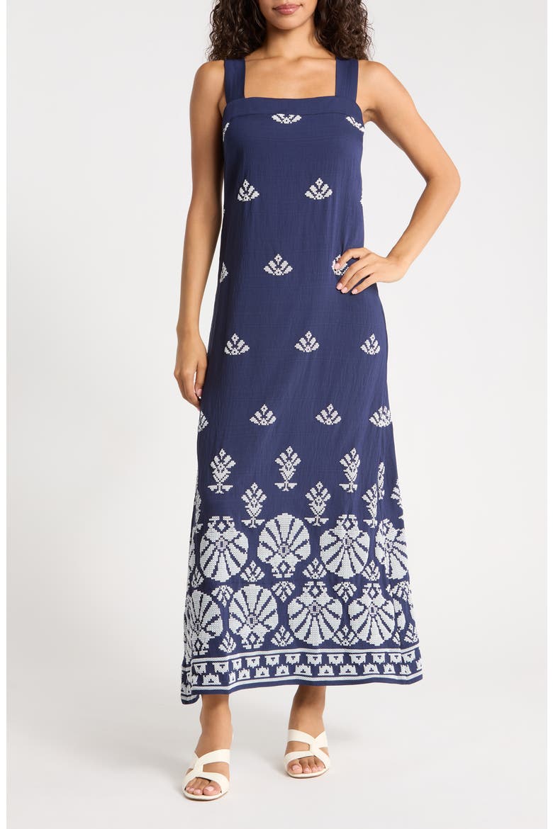 Geometric Print Midi Sundress, Main, color, MOOD INDIGO