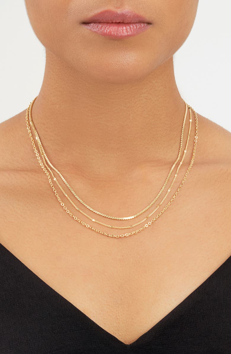 Sterling Forever 14K Gold Plated Dainty Three Layer Chain Necklace, Alternate, color, Gold