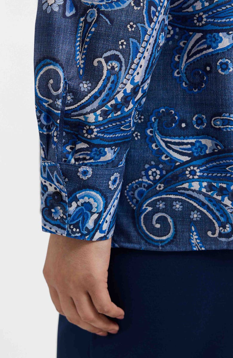 Foxcroft Sadie Paisley Ruffle Cotton Poplin Button-Up Shirt, Alternate, color, Blue Multi