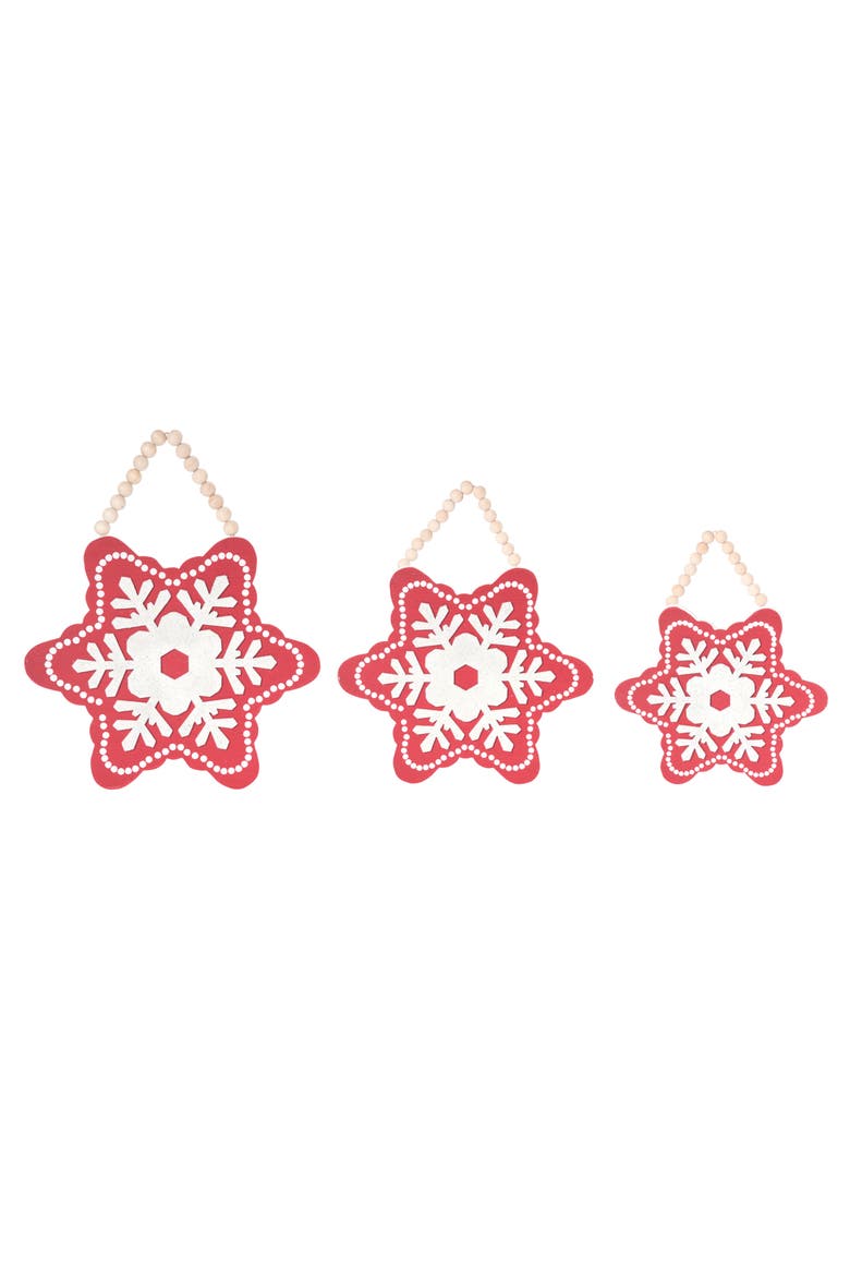 Wood Red Christmas Hanging Snowflakes Set of 3, Main, color, Red