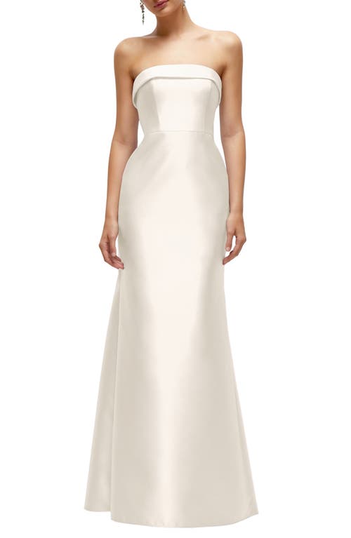 Alfred Sung Strapless Cuff Neckline Satin Trumpet Gown In Metallic