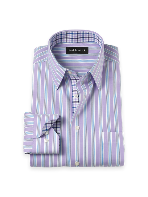Cotton Poly Spandex Point Collar Twill Slim Contrast Trim Button Cuff Long Sleeve
