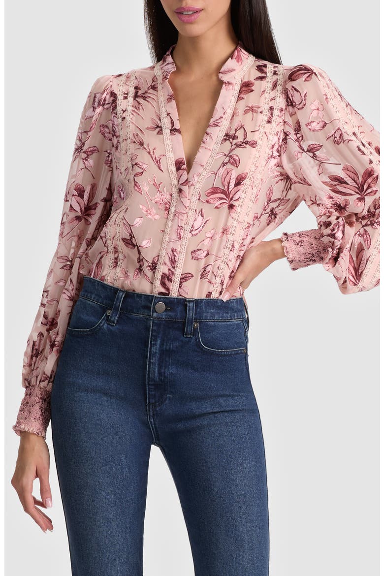 Arlette Lace Trim Floral Satin Burnout Shirt, Main, color, MYSTIC GARDEN ENGLISH ROSE