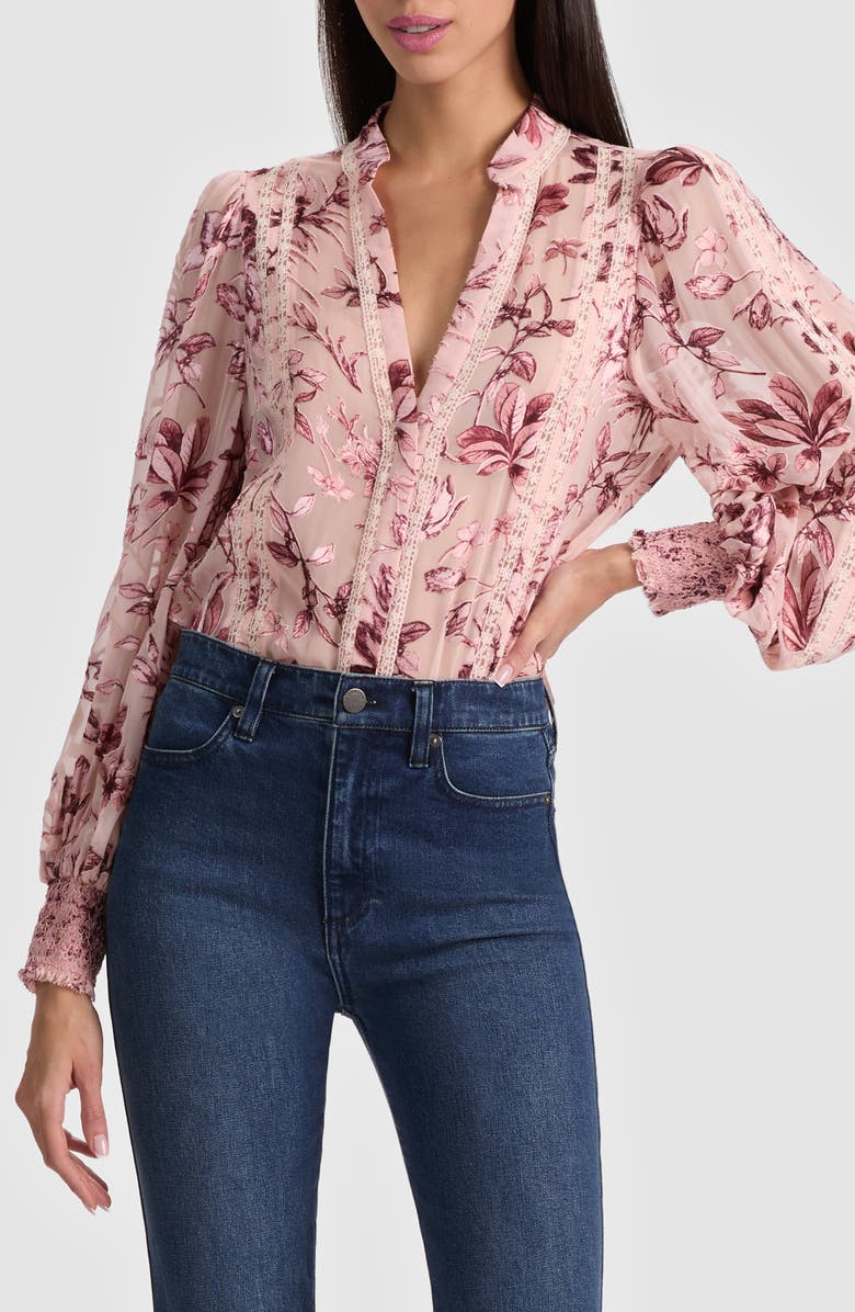 Alice + Olivia Arlette Lace Trim Floral Satin Burnout Shirt, Main, color, Mystic Garden English Rose