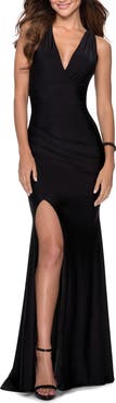 La Femme Sleek Prom Dress with Deep V-Neckline and Tie Back