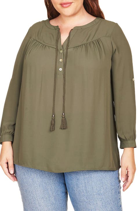 Rolled Sleeve Tassel Neck Blouse (Plus Size)