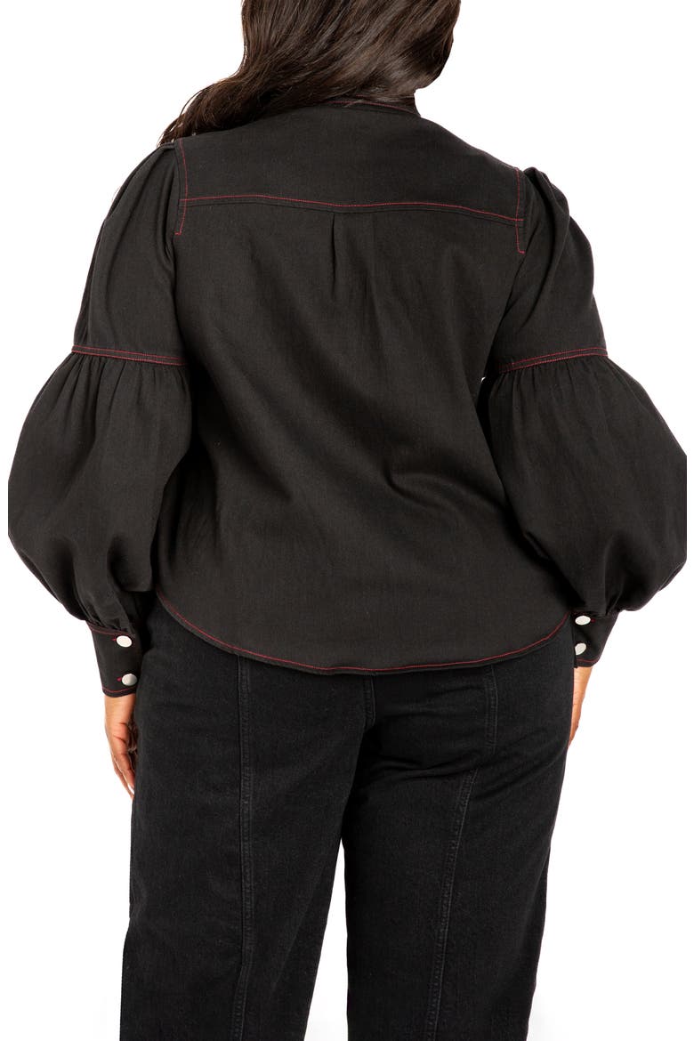 Bow Neck Puff Shoulder Denim Shirt, Alternate, color, DENIM BLACK